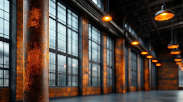 An interior view showcasing rustic metals and warm lighting emphasizes the beauty of industrial architecture complemented by expansive windows and moody ambiance.