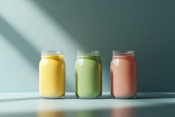 Colorful jars of fresh juice arranged on a minimalist surface in natural light during the afternoon
