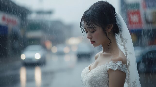 Sad beautiful Young bride sitting on street in wedding day,crying with tears eyes suffering from emotional break up relationship in rainy day,bad day with Female received bad news.