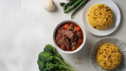 Delicious Beef Stew Served with Turmeric Rice and Broccoli