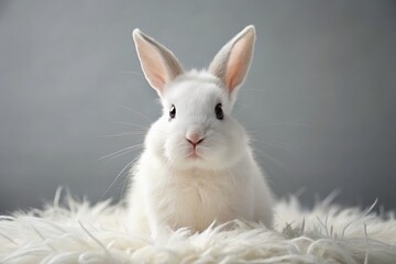 Obraz premium Adorable White Bunny Rabbit Close-Up Macro Shot on Grey Background
