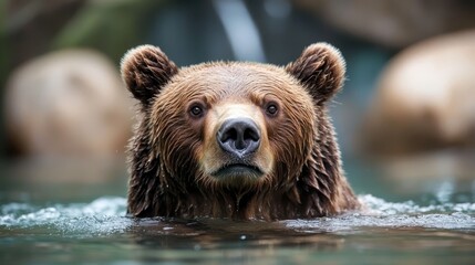 Obraz premium An incredible shot of a grizzly bear emerging from clear water, with droplets glistening in the light, embodying the raw beauty of wildlife in harmony with nature.