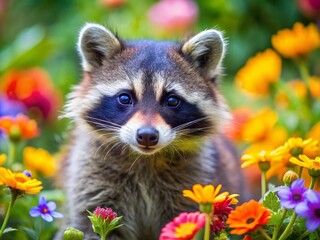 Obraz premium Adorable Young Raccoon Enjoying Colorful Flowers - Fun Spring Wildlife Photo