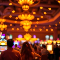 Blurred casino interior with people playing slot machines.