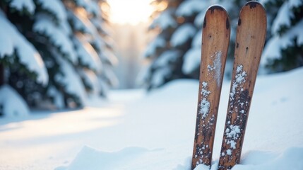 Rustic wooden skis stand upright in a snowy winter forest bathed in the warm glow of a setting sun, a picturesque scene of serene winter tranquility.