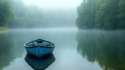 Fototapeta premium A blue rowboat gently floats on a still lake enveloped by early morning mist and lush green trees