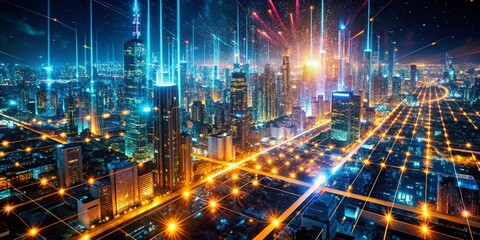 Fototapeta premium Aerial Cityscape at Night: Animated Particle Matrix Background Stock Photo