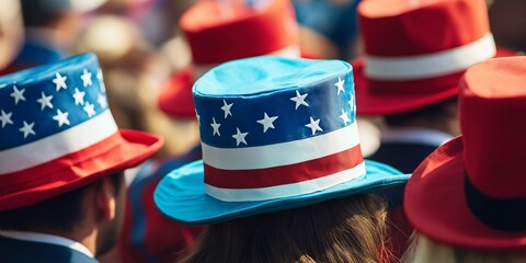 Close-up of patriotic hats in red, white, and blue colors, worn by a crowd during an Independence Day celebration, festive and colorful atmosphere, selective focus

