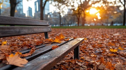 A tranquil park bench surrounded by colorful autumn leaves captures the essence of fall, evoking a sense of calm and reflection amidst nature's beautiful transformation.