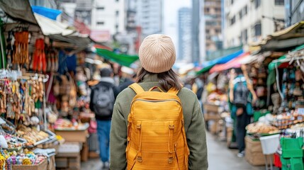 Obraz premium The traveler wandered through the crowded market, surrounded by vibrant colors, exotic smells, and the chatter of vendors calling out in a foreign tongue
