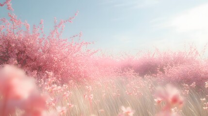 Fototapeta premium Pink Blossoms and Grass in a Dreamlike Field