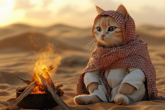 a Saudi Arabia Bedouin cat wearing a traditional white thobe and red checkered keffiyeh, sitting next to a campfire in the vast golden dunes of the Empty Quarter - Powered by Adobe