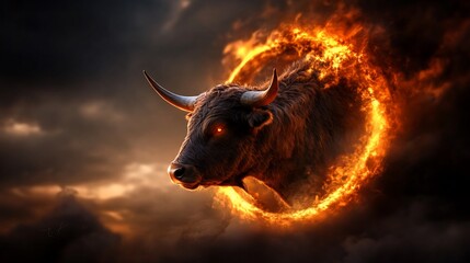 A Majestic Bull Surrounded by Fiery Aura against a Dark Moody Sky, an impactful artwork