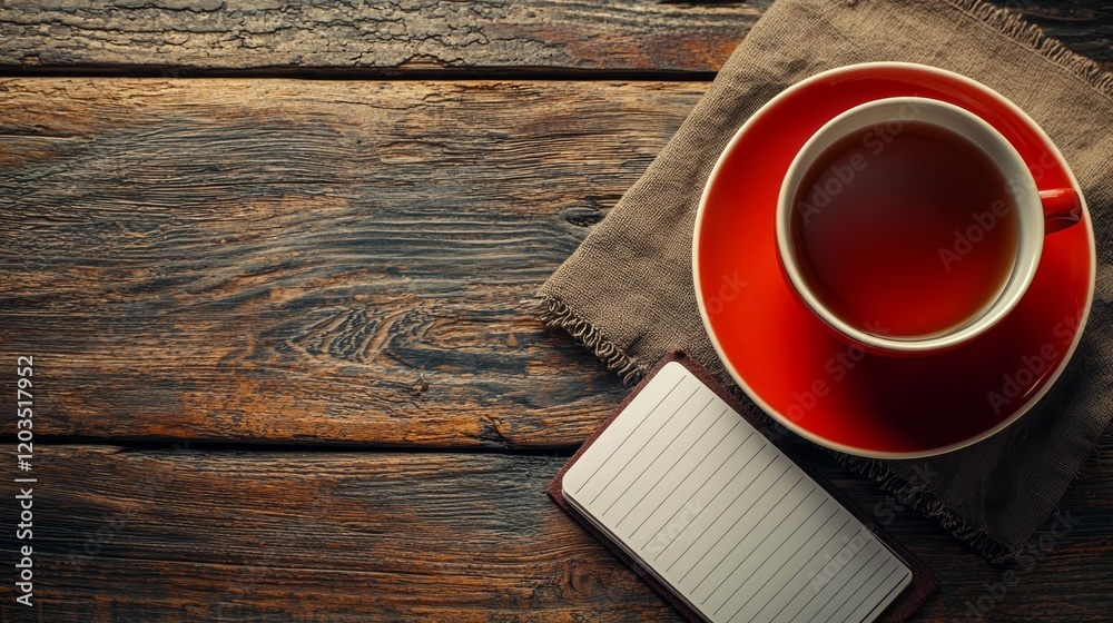 Poster a serene workspace unfolds with a vibrant red cup filled with warm coffee beside a simple notepad re