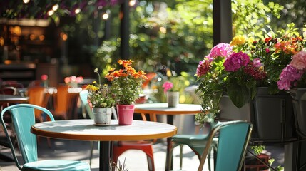 53. A sunny cafe patio featuring retro-style chairs, contemporary tables, and vibrant flowers