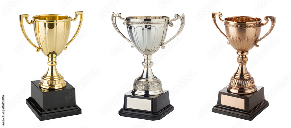 Poster set of three trophy cups for the first three winners. gold, silver, bronze, and copper prize cup. is
