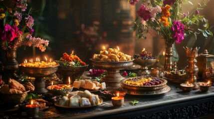 Festive dinner table filled with traditional Indian dishes,Indian traditional sweets set,Mix indian milk made sweets of indian and pakistani festivals.
