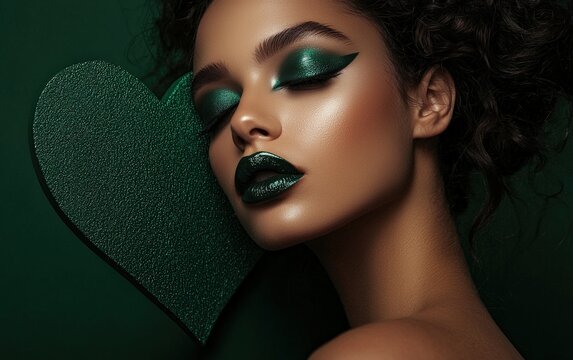 A striking beauty shot of a woman with deep emerald green eyeshadow and glossy lips, with a rich forest green heart background