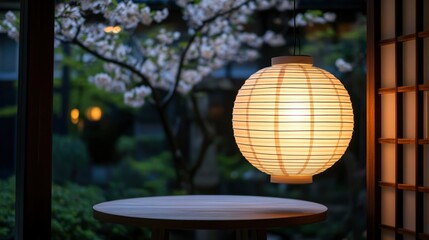 Fototapeta premium Illuminated Paper Lantern Hanging Near Table and Blossoms