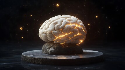 Illuminated Brain Rests on Dark Stone Base