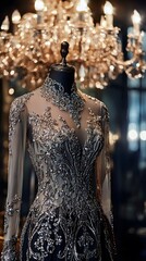 Fototapeta premium 10. A luxurious evening dress with intricate beadwork, in front of a glamorous chandelier