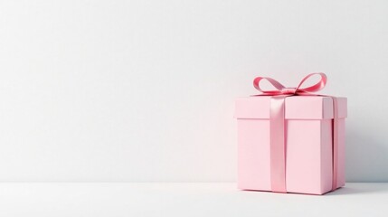 Obraz premium A Delicate Pink Gift Box with a Satin Ribbon Bow on a White Surface