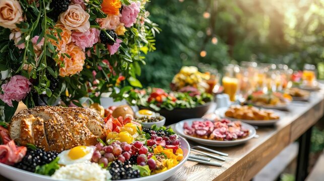 Bountiful brunch buffet outdoors, garden backdrop.  Perfect for event promotion