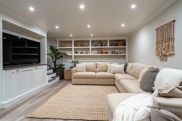 Functional basement layout with custom storage solutions modern home interior design cozy environment contemporary viewpoint maximizing space efficiency