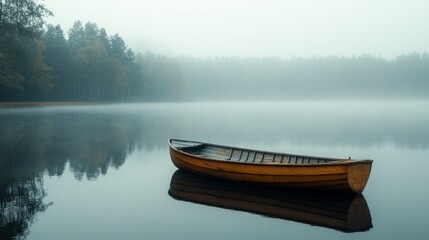 Obraz premium A solitary wooden rowboat rests peacefully on a foggy lake with forest in the background, creating a serene and tranquil scene