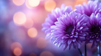 A stunning display of purple daisies against a dreamy bokeh background, showcasing the vibrant colors and delicate petals of the flowers in a gentle and elegant setting.