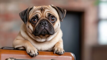 This charming pug poses atop a vintage suitcase, showcasing its expressive face and inviting warmth, appealing to pet lovers and those who appreciate nostalgic vibes.