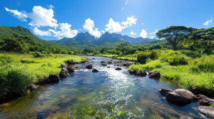 Tropical river flowing through lush valley, mountains backdrop; nature travel postcard