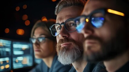Diverse Team of Data Analysts Working Together in High-Tech Environment with Focused Expressions and Modern Glasses During Late-Night Surveillance of Digital Information - Powered by Adobe