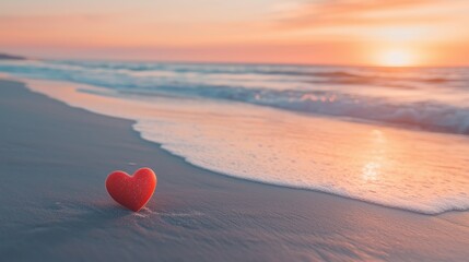 Heart-shaped object resting on a tranquil beach at sunset with gentle waves lapping ashore