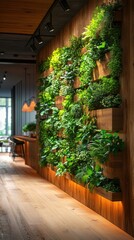 Ecoconscious vertical garden design in modern office setting showcasing warm wood tones and lush greenery for biophilic inspiration