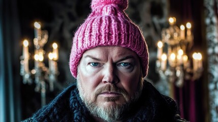 A man wearing a pink hat and a black coat. He is looking at the camera. The image has a moody and mysterious feel to it