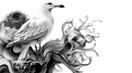 Fototapeta premium Elegant illustration of a white seagull with abstract grayscale floral and wave patterns
