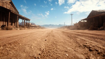 A picturesque dusty path is flanked by historic abandoned buildings, set against a vivid sky, inviting viewers to explore the rich history and emotions of the landscape.