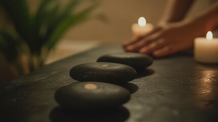 Smooth stones rest on a dark surface near lit candles