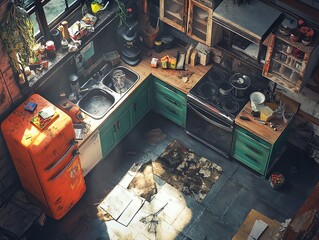 Birds-eye view of a dystopian kitchen