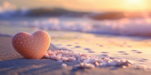 Fototapeta premium Heart-shaped stone and seashells on sandy beach during sunset with golden light reflecting on water