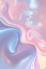 Digital art with abstract, flowing and iridescent elements, creating a sense of movement with soft pastel swirls and shiny metallic finishes. Abstract background.
