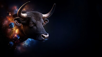 Naklejka premium Cosmic Bull with Galactic Spheres Surrounding its Head Against a Dark Background