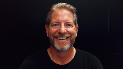 A man with a beard and a silver necklace is smiling. He is wearing a black shirt and a black tie