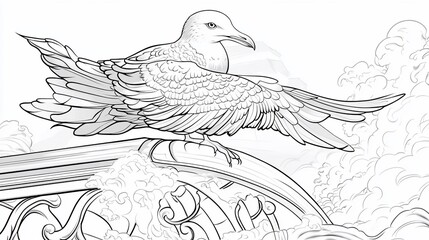 Detailed line drawing of a seagull perched on a decorative ledge with clouds in the background