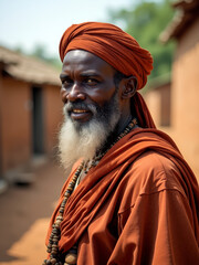 An african elderly man wearing a vibrant orange robe and turban stands proudly in a village. His striking beard and demeanor reflect wisdom and culture - Generative AI