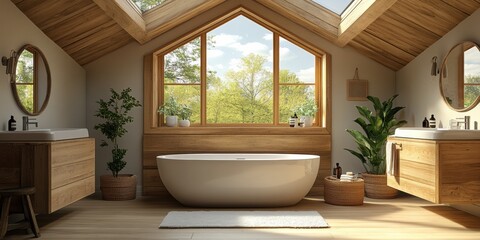 Serene bathroom interior design featuring skylights and indoor plants modern home high-quality content bright and airy environment aesthetic viewpoint