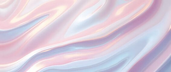 Digital art with abstract, flowing and iridescent elements, creating a sense of movement with soft pastel swirls and shiny metallic finishes. Abstract background.