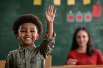 Enthusiastic elementary school student raising their hand to answer a question while a smiling teacher observes, highlighting confidence and eagerness in learning