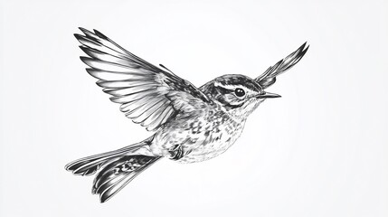 Fototapeta premium Detailed ink illustration of a flying bird with intricate feather details and clear white background